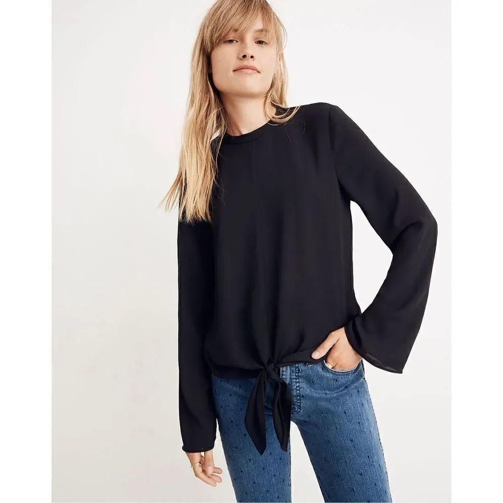 NWT Womens Madewell True Black Open Back Bell-Sleeve Tie Top Blouse - Sz XS